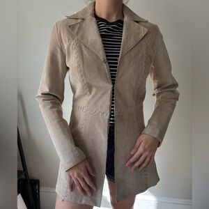 Y2K Vintage Boho Beige Suede Midi Preppy Hippie Leather Streetwear Coat - Small